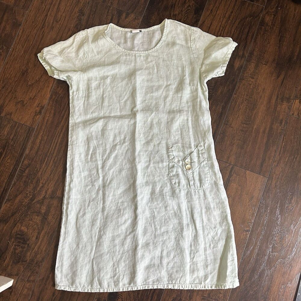 Match Point Light Blue/Green Linen Dress Womens Small Knee Length Scoop Neck